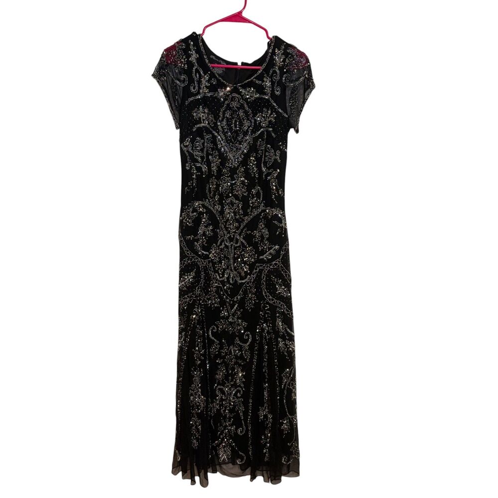 Pisarra Nights Black Beaded Sequin Maxi Dress Size 6 Art Deco Formal Gown